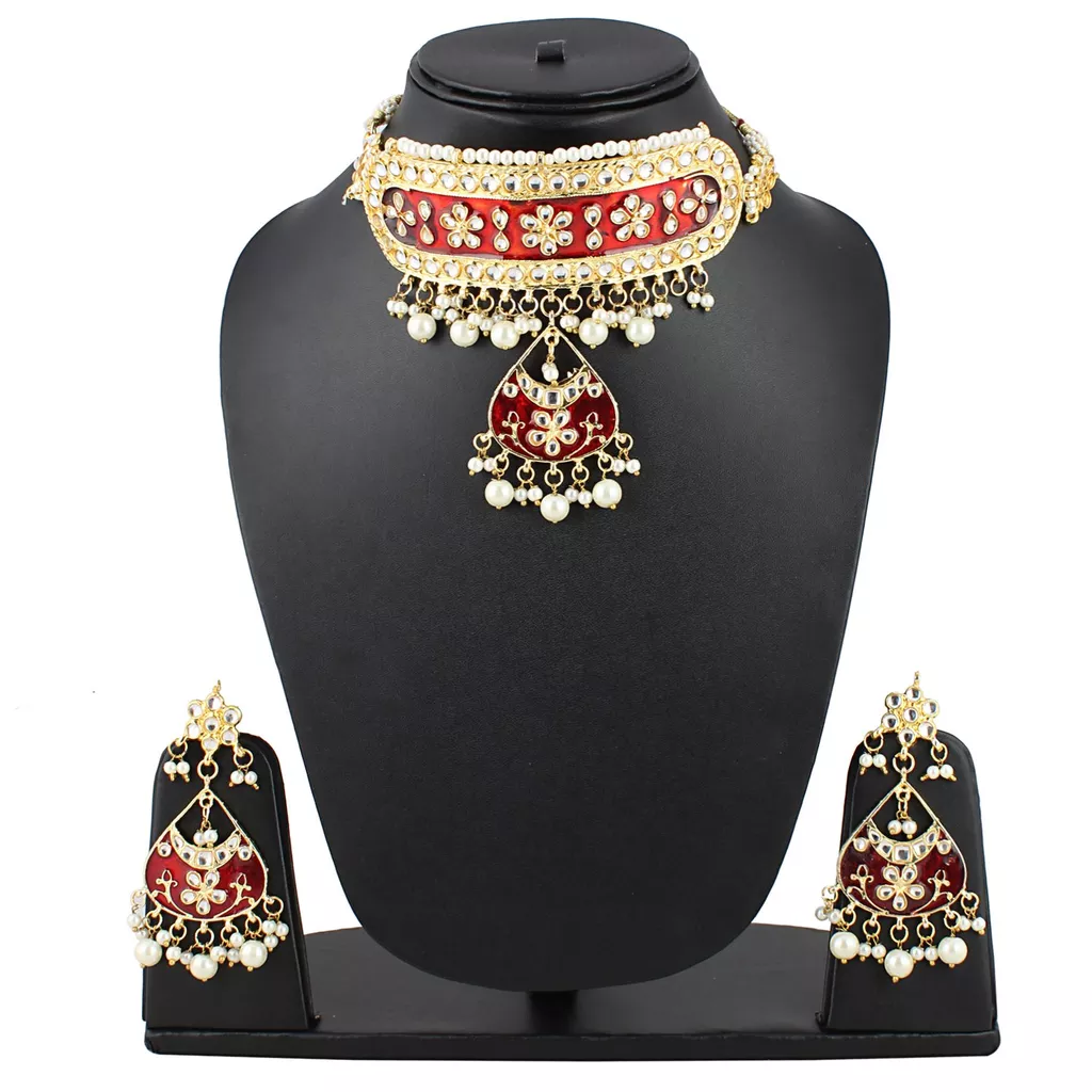 Aradhya Designer high quality maroon stone kundan necklace set with earrings for women and girls