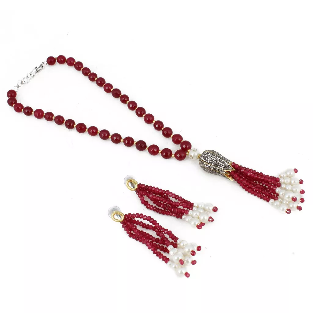 Aradhya Designer handmade high grade maroon onyx stone traditional necklace with earrings for women and girls