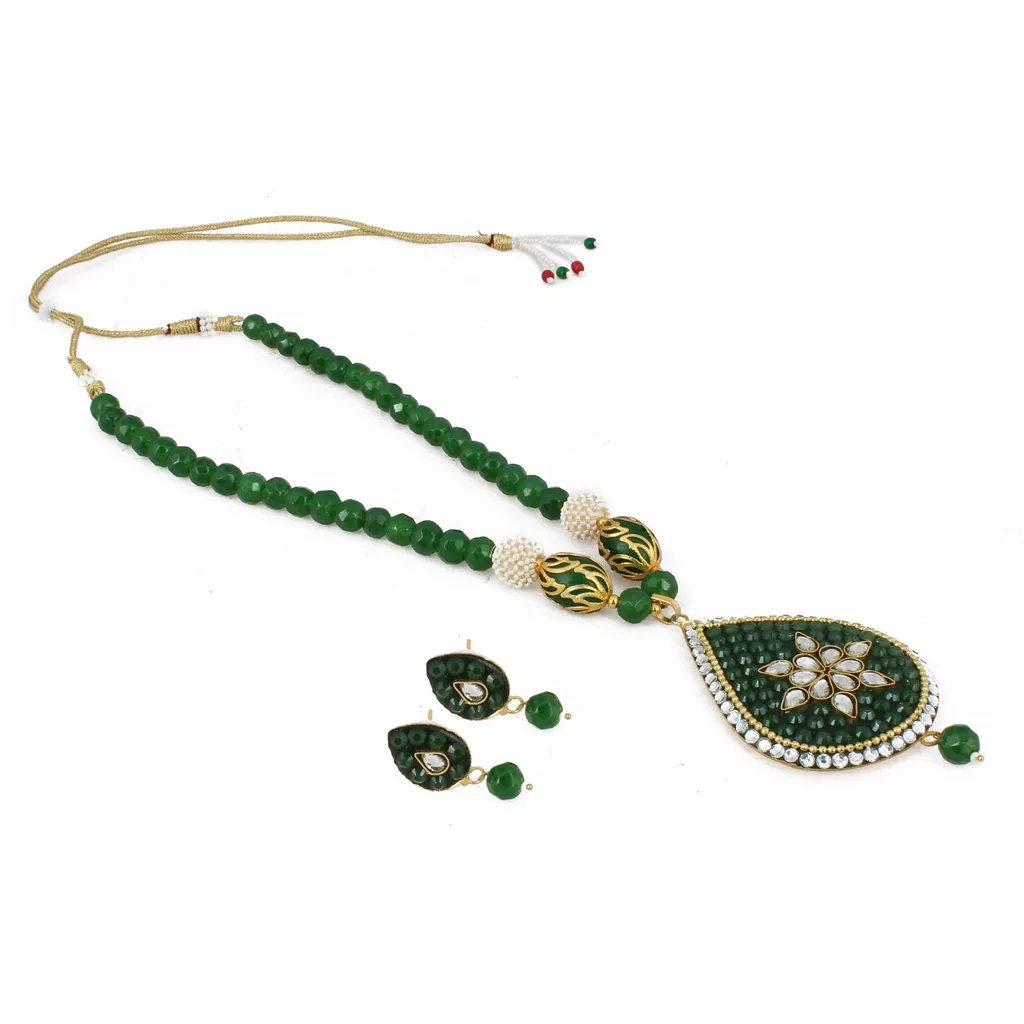Aradhya Stylish high quality kundan with green stone pearl necklace set with earrings for women and girls