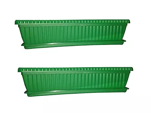 Minerva Naturals Rectangular Planter With Suitable Tray ( Pack Of 2) Green Color