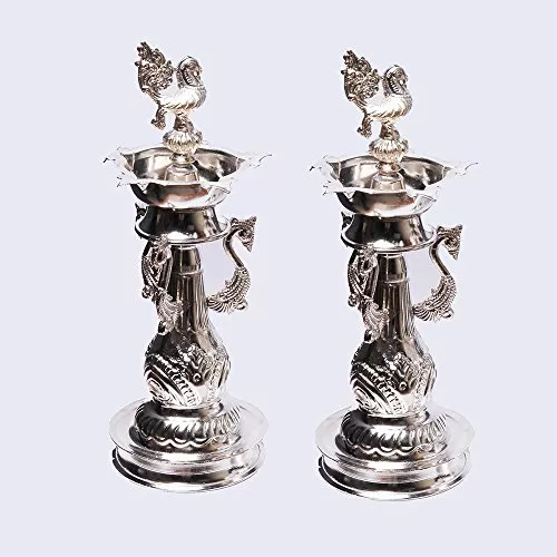 German Silver Pair of Deepa (Lamp) with hand Nakashi Work Gift Article