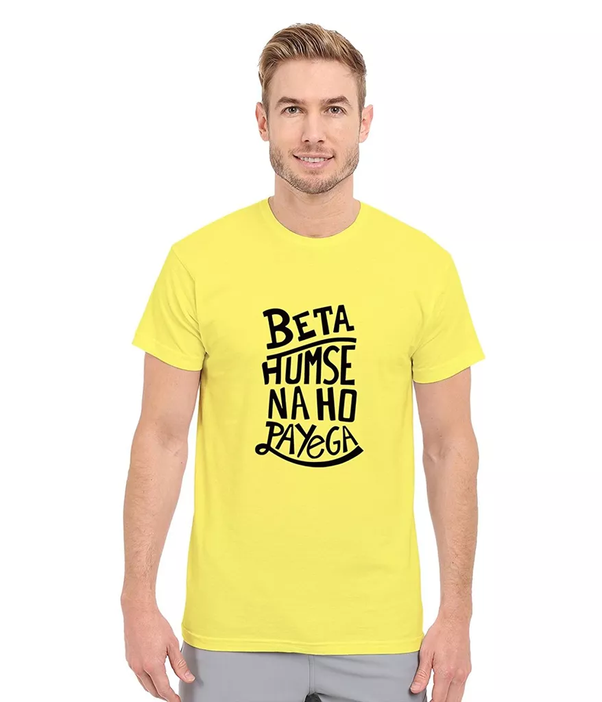 DOUBLE F ROUND NECK YELLOW COLOR BETA HUMSE NA HO PAYEGA PRINTED T-SHIRTS