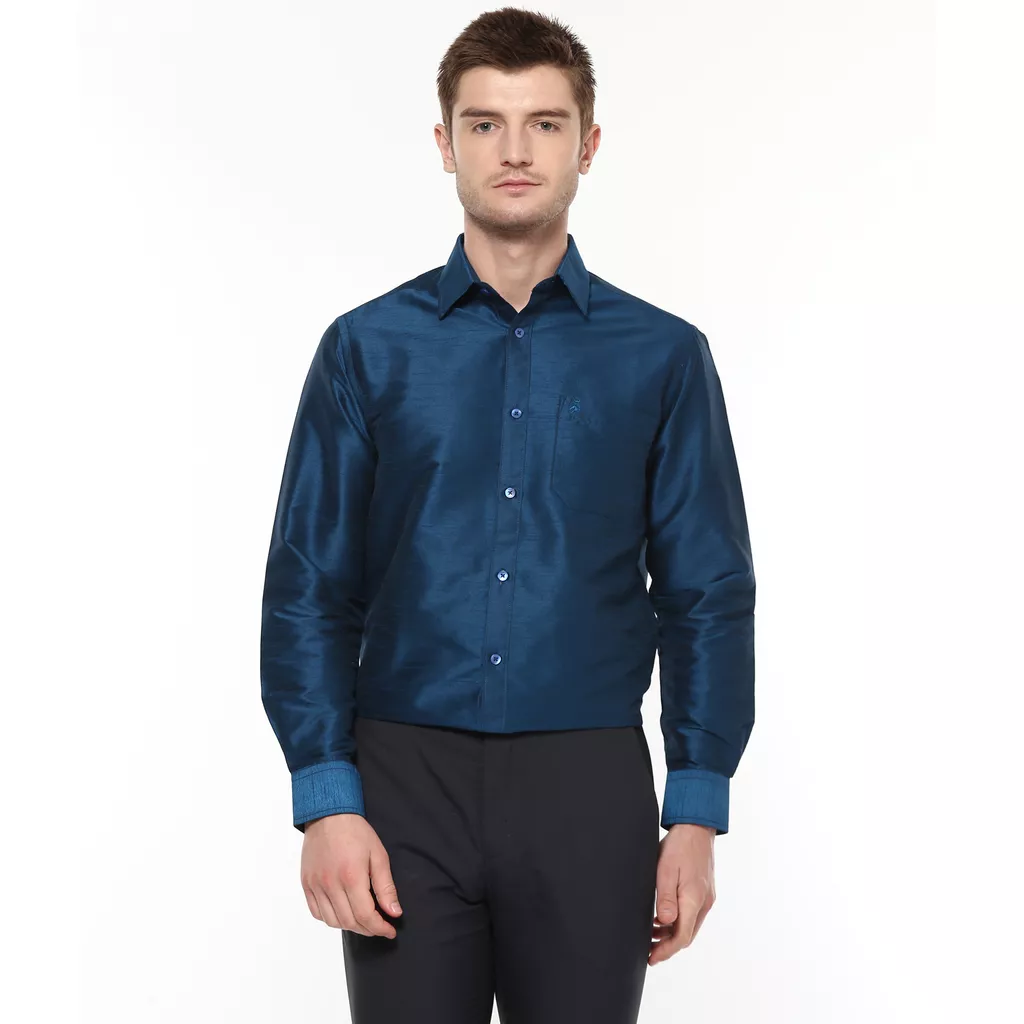 Khoday Williams Men's Teal Blue Poly Silk Solid Regular Fit Shirt