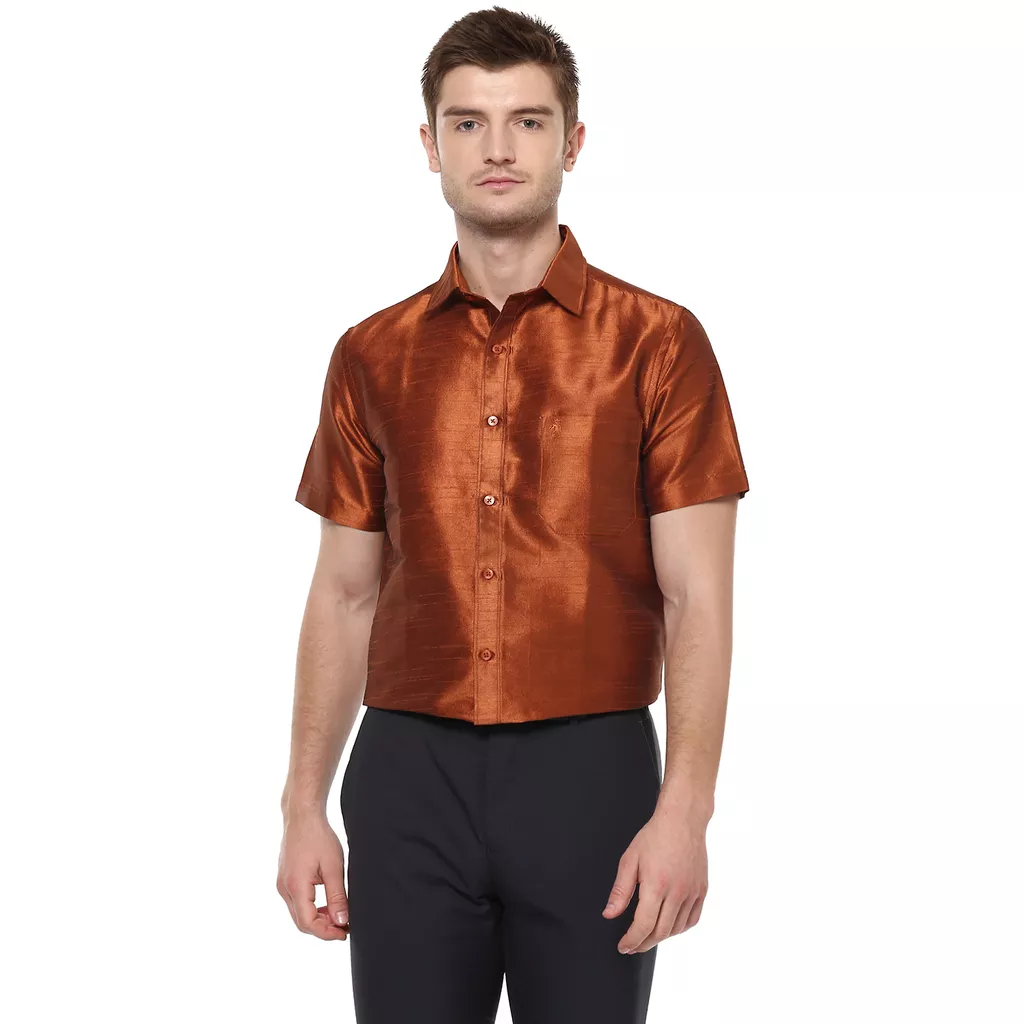 Khoday Williams Men's Dark Gold Poly Silk Solid Regular Fit Shirt