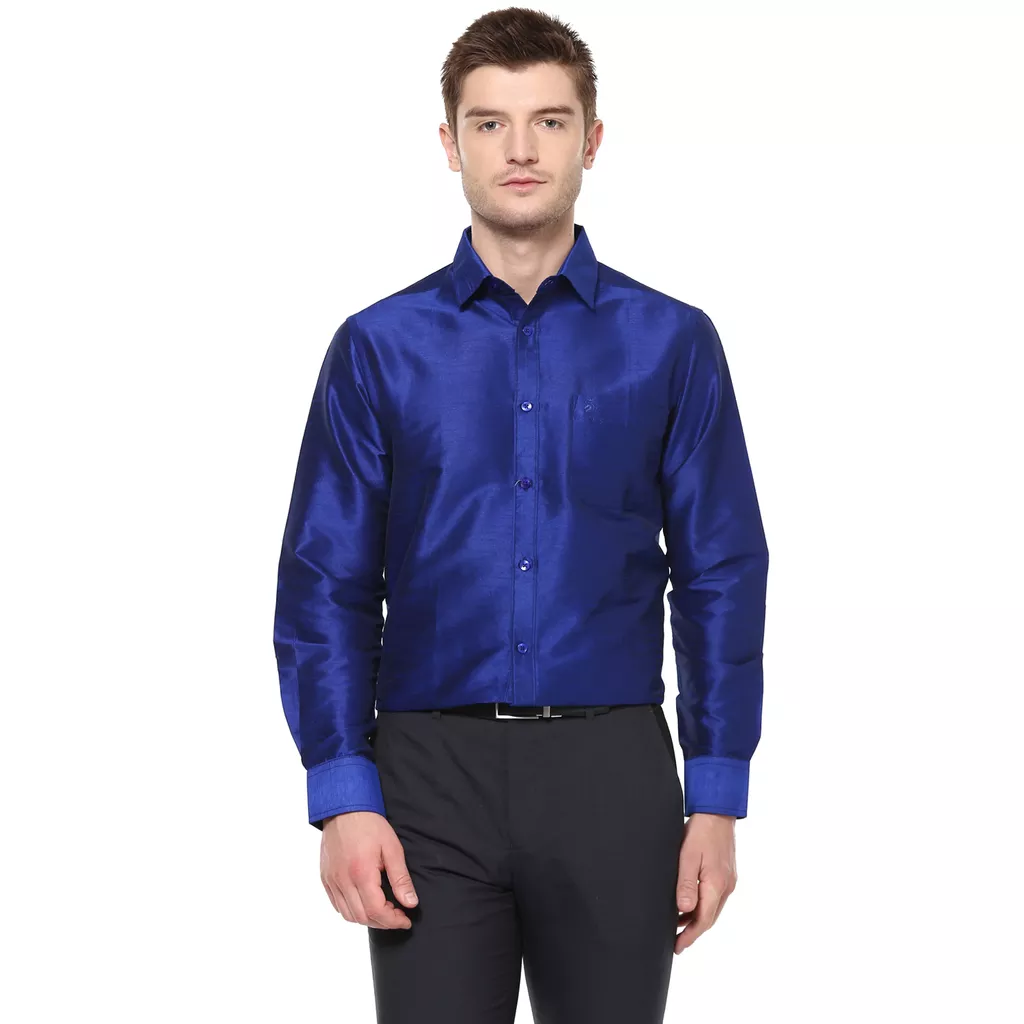Khoday Williams Men's Dark Blue Poly Silk Solid Regular Fit Shirt