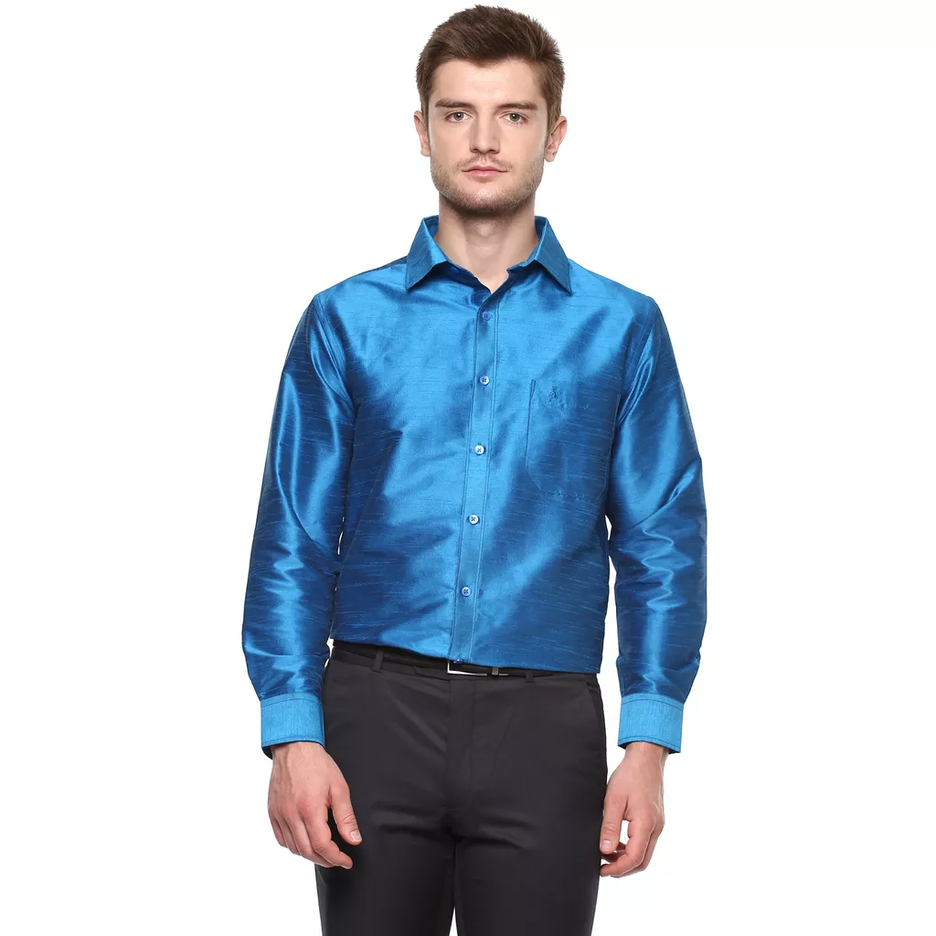 Khoday Williams Men's Blue Poly Silk Solid Regular Fit Shirt