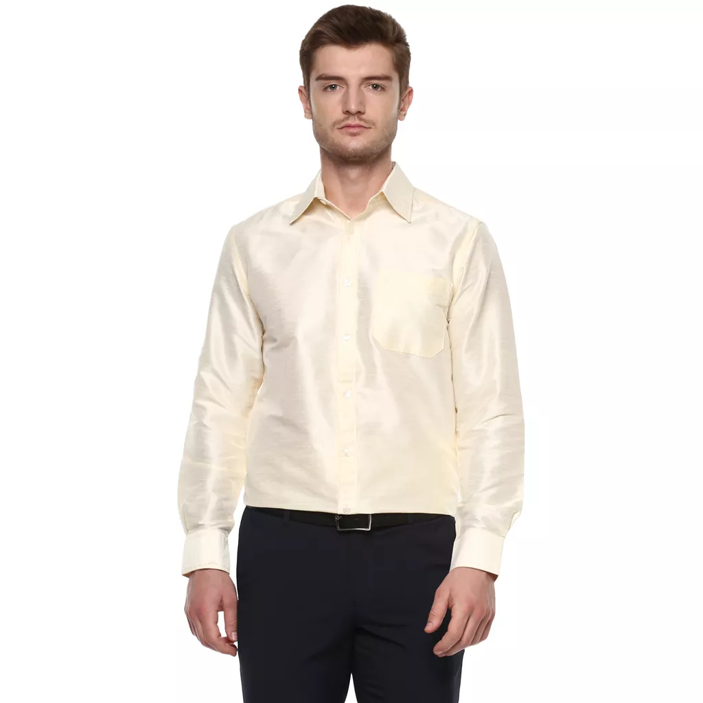 Khoday Williams Men's Cream Poly Silk Solid Regular Fit Shirt