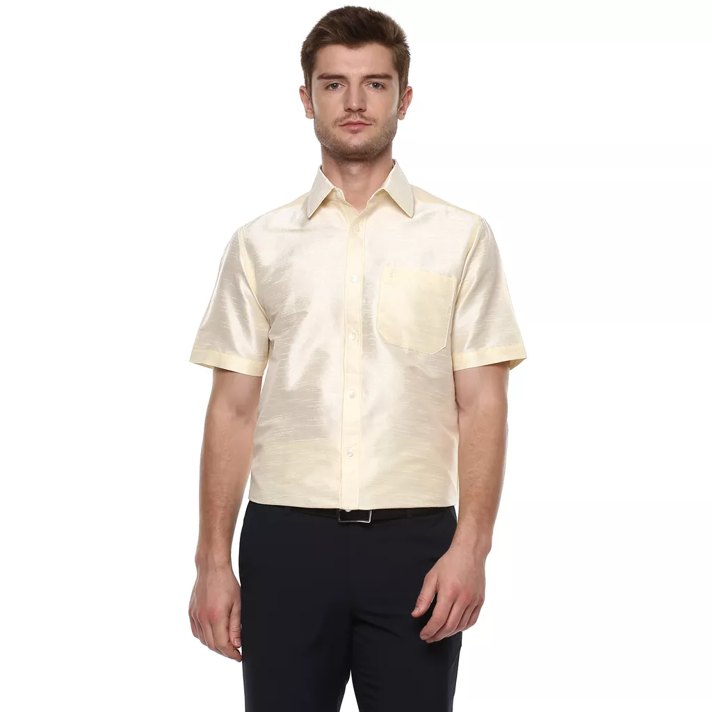 Khoday Williams Men's Cream Poly Silk Solid Regular Fit Shirt