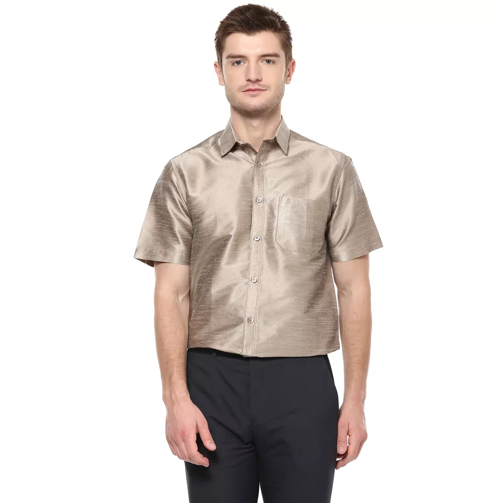 Khoday Williams Men's Brown Grey Poly Silk Solid Regular Fit Shirt