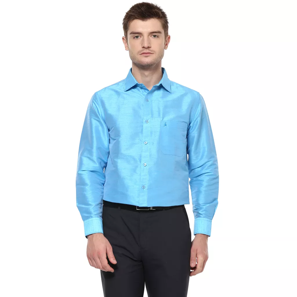 Khoday Williams Men's Sky Blue Poly Silk Solid Regular Fit Shirt