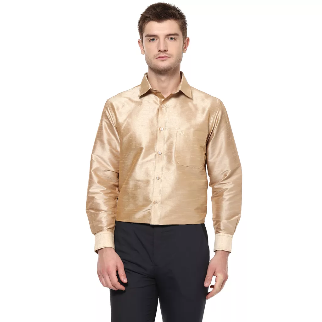 Khoday Williams Men's Light Silver Poly Silk Solid Regular Fit Shirt