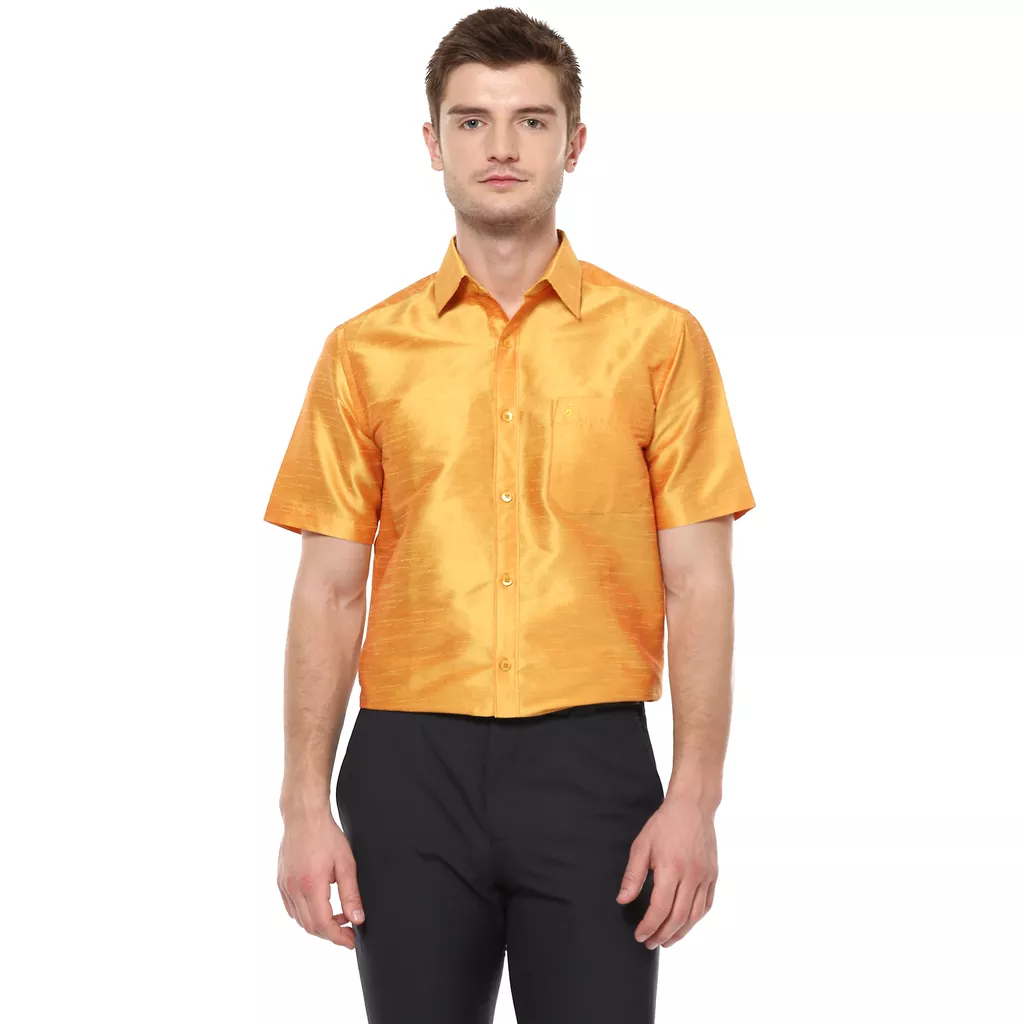 Khoday Williams Men's Yellow Poly Silk Solid Regular Fit Shirt