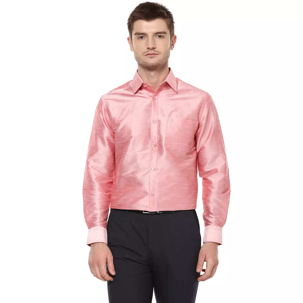 Khoday Williams Men's Pink Poly Silk Solid Regular Fit Shirt