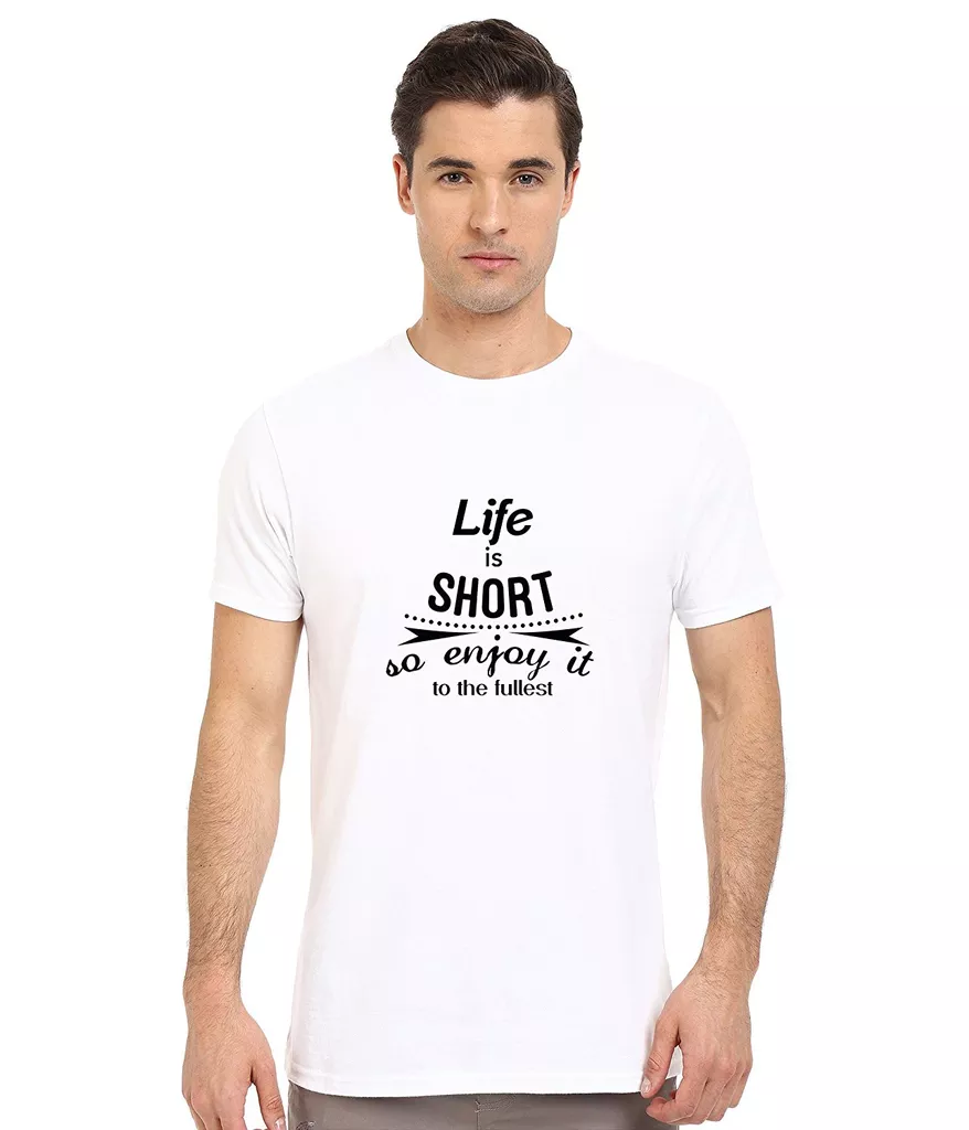 DOUBLE F ROUND NECK WHITE COLOR LIFE IS SHORT SO ENJOY IT PRINTED T-SHIRTS