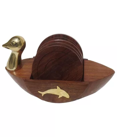 Clickflip Handicrafted Brown Wooden Duck Round Tea Coaster Set