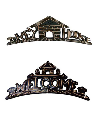 Clickflip Handicrafted  Wooden Wall Hanging Key House & Welcome Holder - Set Of 2