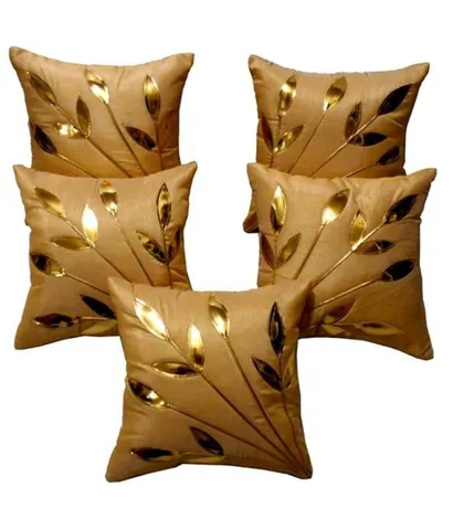 k.s.craft Beige  N Golden Leaf Design Cushion Covers - Set of 5 (16 x 16 Inches)