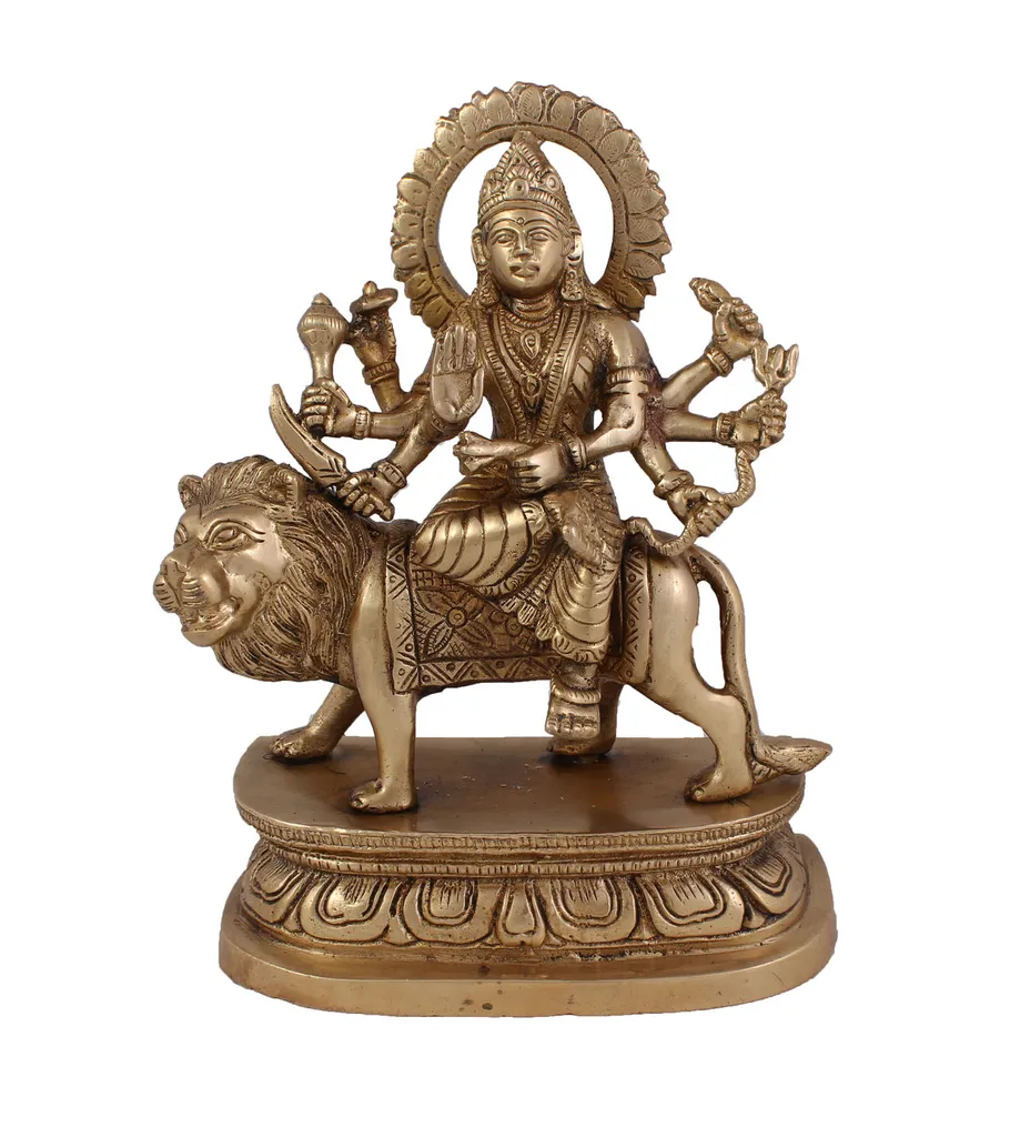 Hindu Goddess Durga Idol Maa Sherawali statue Maa Kali Sculpture Hand Work Showpiece � 20.3 cm (Brass, Gold)