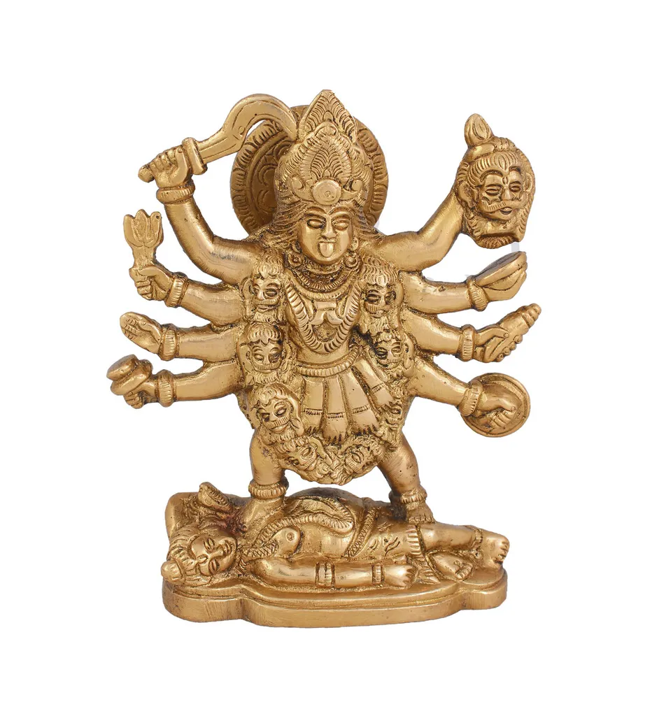 Hindu Goddess Durga Idol Maa Sherawali statue Maa Kali Sculpture Hand Work Showpiece � 17 cm (Brass, Gold)