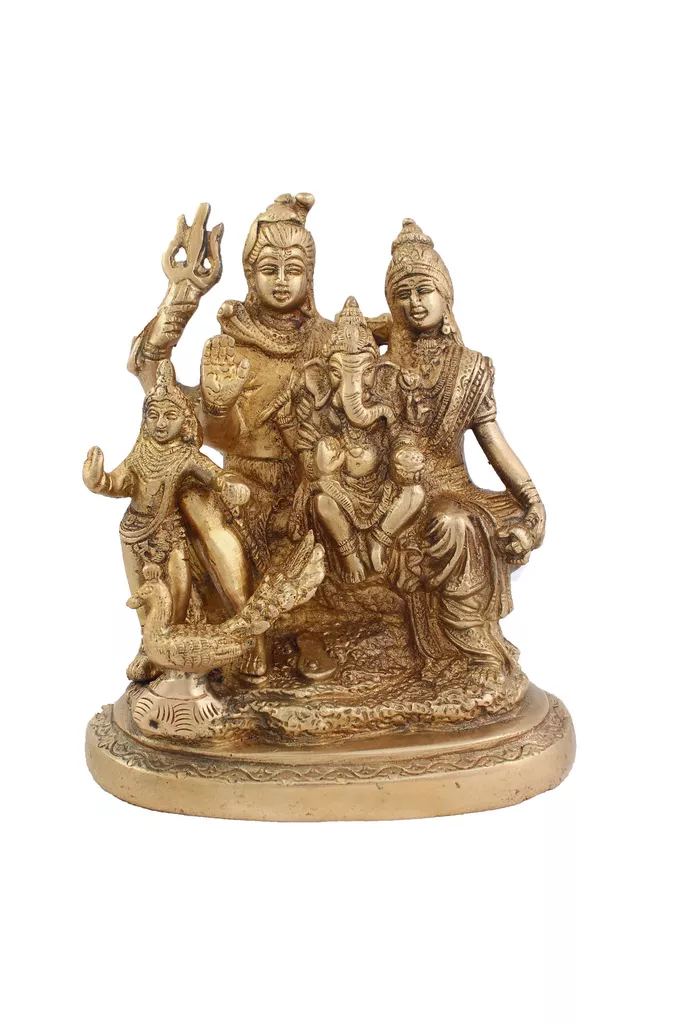 Hindu God Shiva Parivar Idol Lord Mahadev Parvati Ganesh Kartikeya statue Bhole baba Sculpture Hand Work Showpiece � 15 cm (Brass, Gold)
