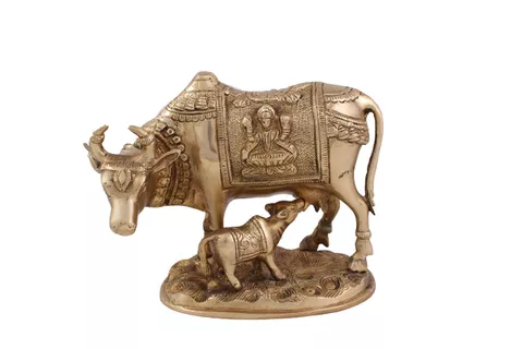Cow N Calf Idol Cow and Calf Statue Sculpture Hand Work Showpiece � 16 cm (Brass, Gold)