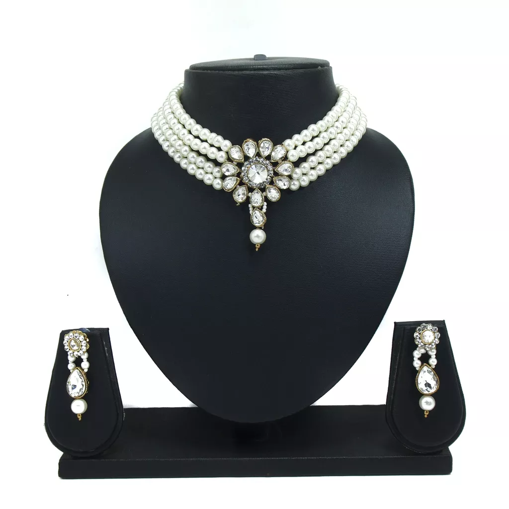 Padmawati Beautiful Pearl Crystal Stone Choker Necklace Earring Fashion Jewelry Set for Women & Girls