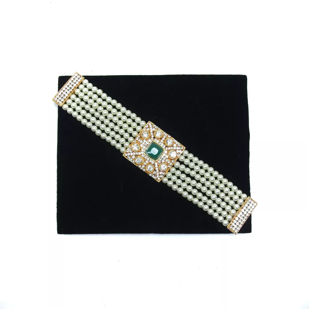 Padmawati Gold Plated Pearl Loaded Cubic Zircon White Bracelet with Square Brooch for Girls and Women