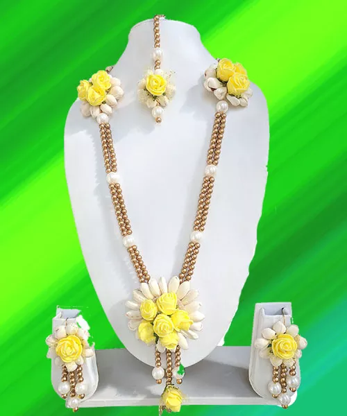 spectrumjaipur Floret Yellow Colour Gotta Patti Flower Jewellery Set with Earrings, Maang Tika for Women & Girls (Mehnendi/Haldi/Wedding)