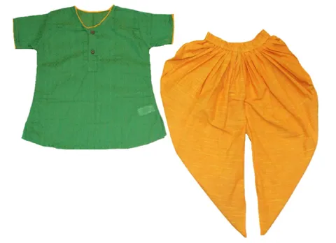 Krivi Kids Green And Yellow Color Half Sleeve Traditional Kurta And Dhoti Set For Baby Boy's And Baby Girl's.
