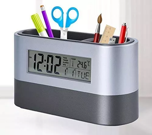 AE Plastic Digital Snooze Alarm Shelf Clock with Pen Holder, with Big LED Backlight Electronic Calendar Snooze Alarm Clock,Two Holes Brush Pot,Office & Home Desktop Stationery Container