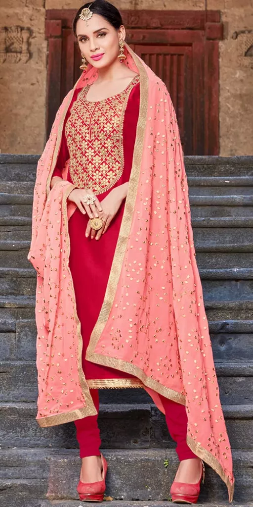 Marvelous Red And Peach Modal Silk Straight Suit.