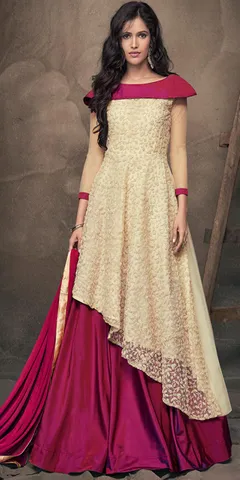 Solid Cream And Pink Net Ready Made Lehenga Suit.