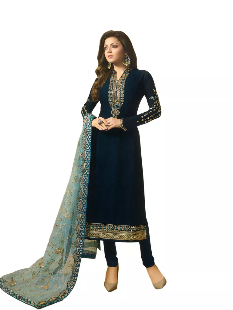 Madhubala Navy Blue And Baby Blue Georgette Satin Straight Suit.