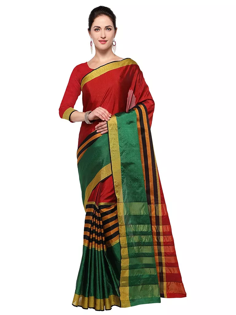 Raw Silk Saree With Blouse Piece (457S807_Green And Maroon_Free Size)