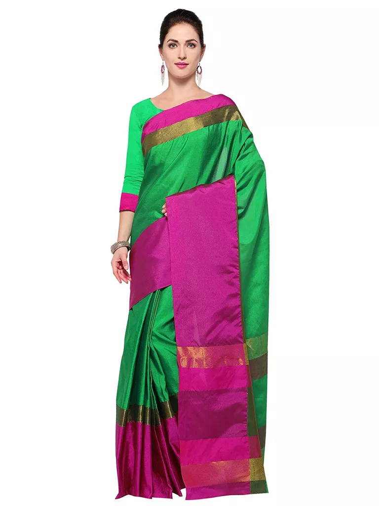 Raw Silk Saree With Blouse Piece(457S813_Green And Pink Free Size)
