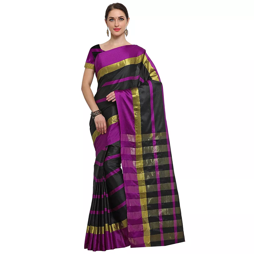 Women's Poly Silk Strips Printed Saree (Black, Pink,558S1109)