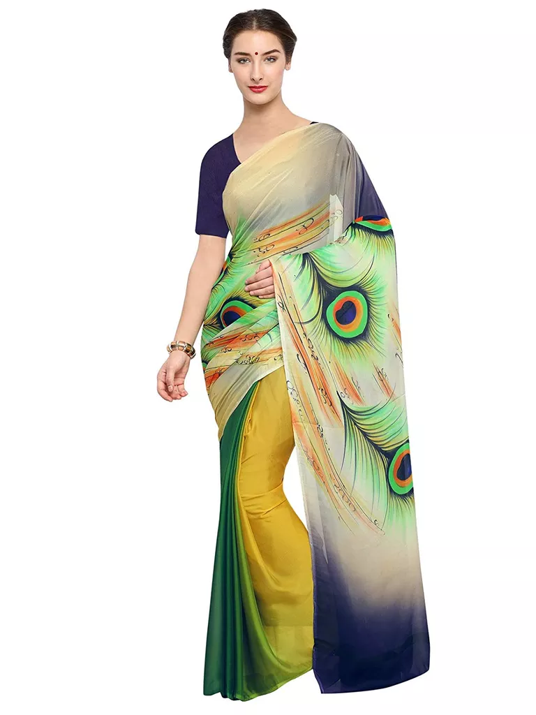 �Women's Chiffon Georgette Yelow and Blue Printed Saree