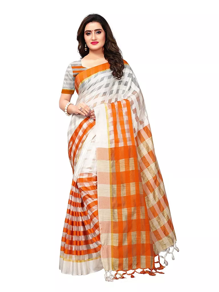 Women's White and Orange Poly Silk Woven Saree
