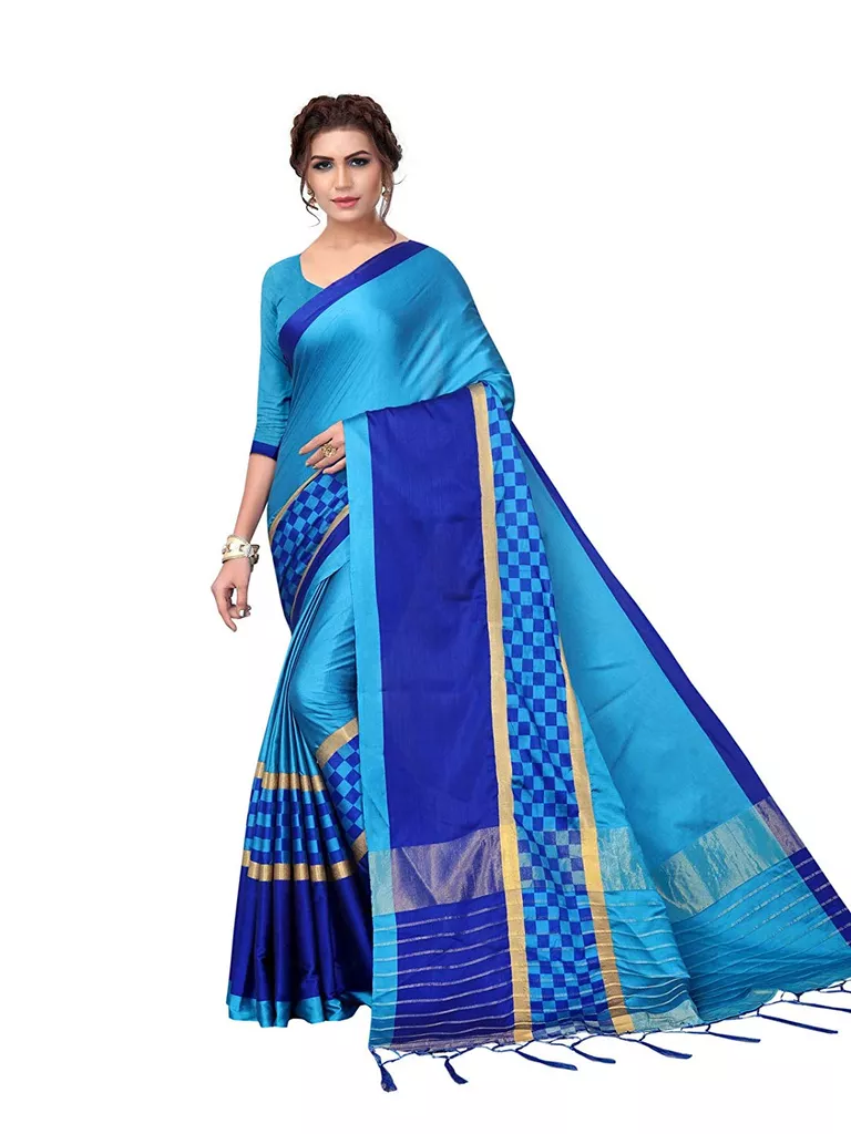 Women's Blue, Royal Blue Color Poly Silk Plain and Checks pattern Saree(778S4007-Blue, Royal Blue)