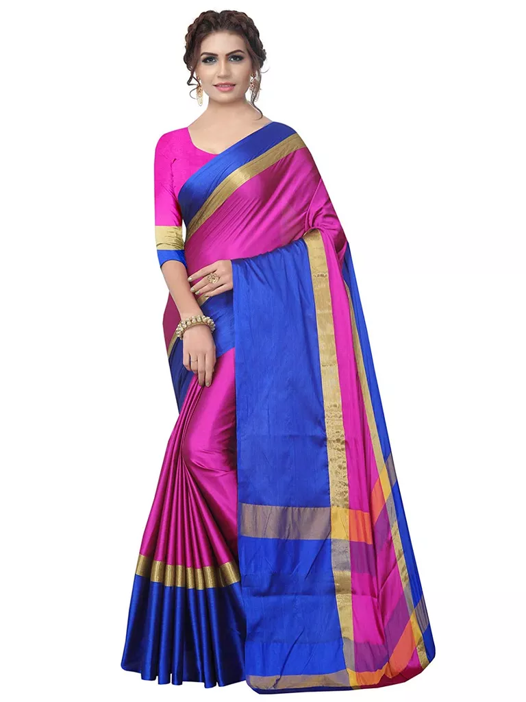 Women's Pink and Blue Poly Silk Woven Saree