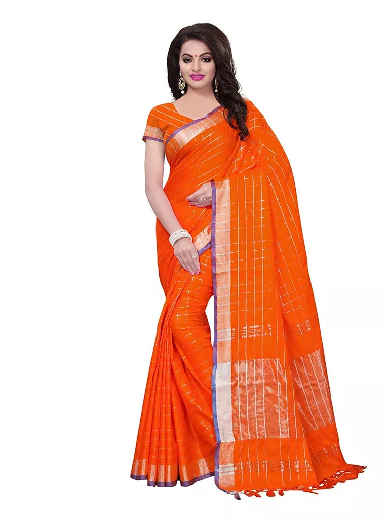 Women's Orange Poly Linen Stripes Maheshwari Saree with Unstitched Blouse