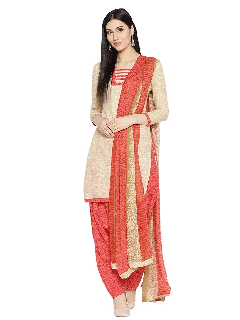 Women's Beige and Pink Cotton Dress Material