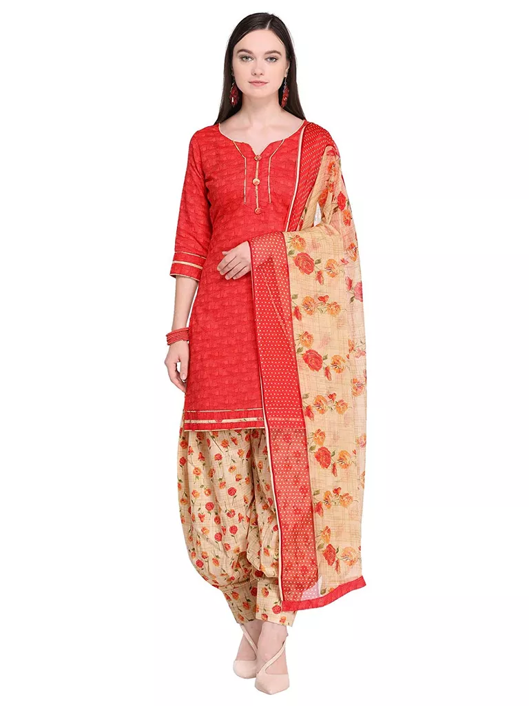 Women's Red Poly Cotton Unstitched Dress Material