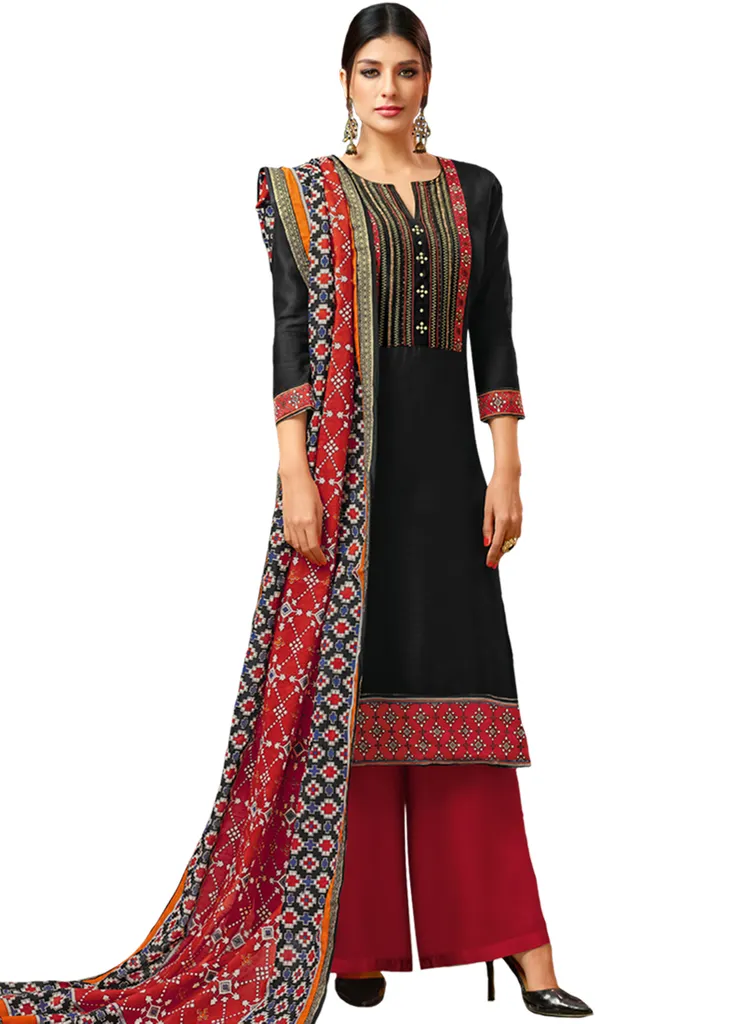 Delicate Black And Red Chanderi Cotton Palazzo Suit.