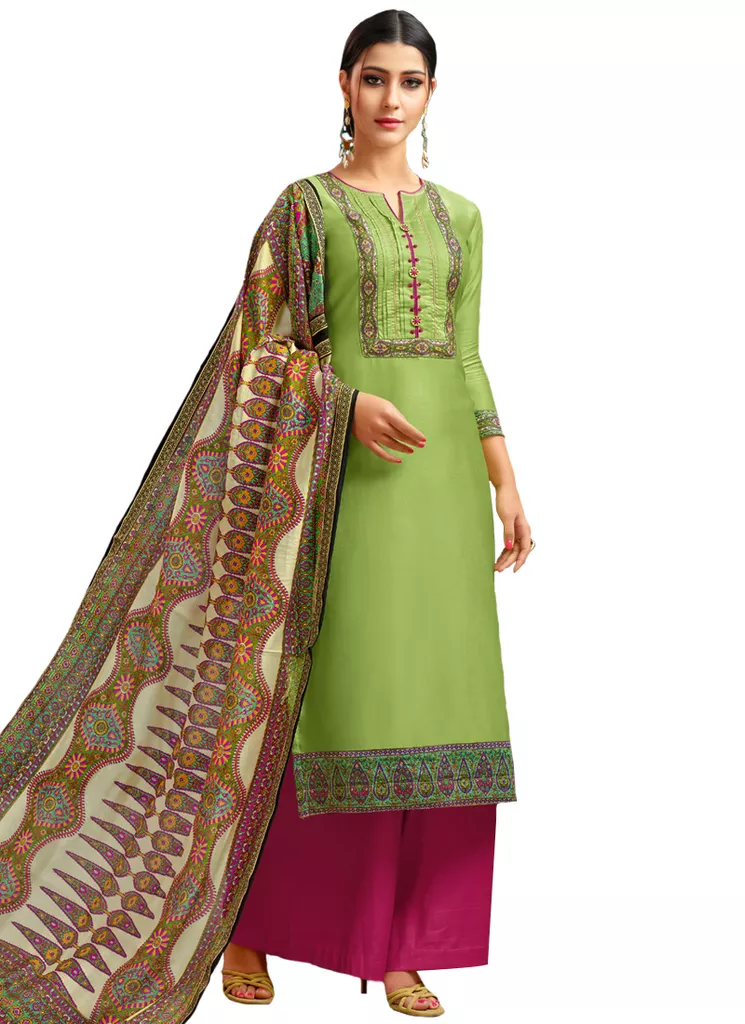 Trendy Green And Majenta Pink Chanderi Cotton Palazzo Suit.