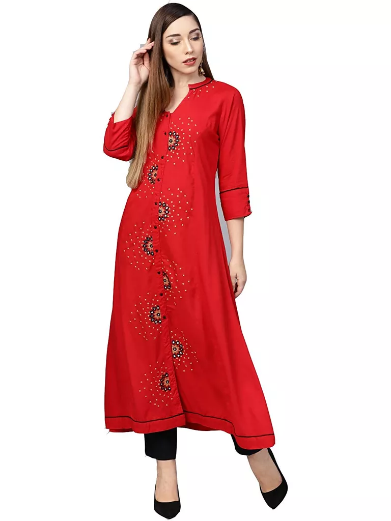 Red embroidered flared Kurta