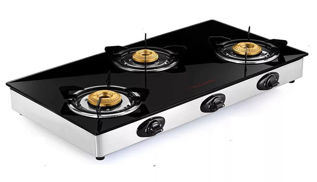 Butterfly Grand 3 Burner Glass Top Gas Stove, Black