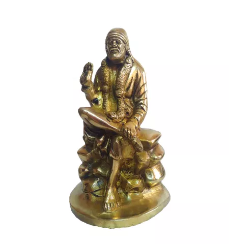 Hindu God Shirdi Sai Baba Idol Statue Sculpture Hand Work Showpiece – 18.5 cm (Brass, Gold)