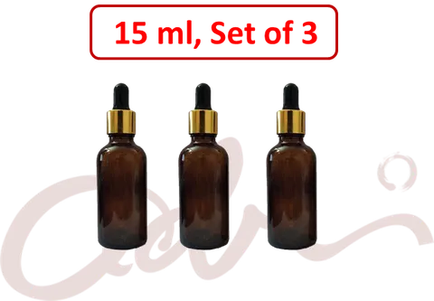 Amber Glass Dropper Bottle - 15ml, Golden Black Cap (Pack of 3)