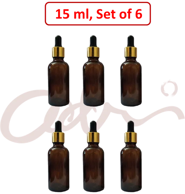 Amber Glass Dropper Bottle - 15ml, Golden Black Cap (Pack of 6)